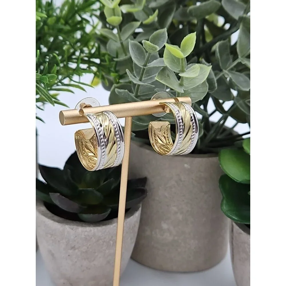 Vintage‎ Mixed Metals Textured Hoop Earrings Post Back